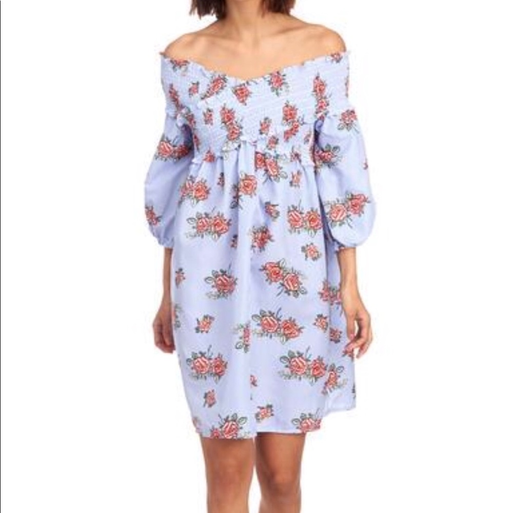 Blue stripe, red flower off the shoulder dress
